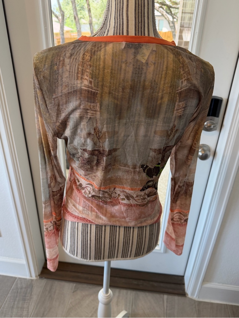 Alice + Olivia Sheer Long Sleeve Print Top with Orange Trim - Picture 3 of 4
